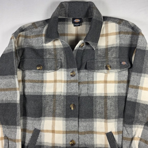 Dickies Women Flannel Shacket Jacket Small Gray Plaid Button Up Warm Workwear - Picture 10 of 14
